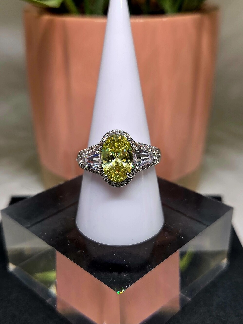 Peridot-Green Oval Gemstone Halo Ring